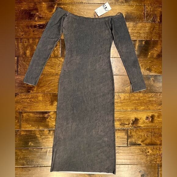 ZARA Off Shoulder Fitted Midi Dress NWT | Grey Ombre | Long Sleeve - Picture 15 of 16